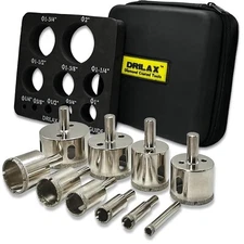 Drilax 10pc Diamond Drill Bit Hole Saw Kit w/Guide Glass Tile Granite 1/4" to 2"