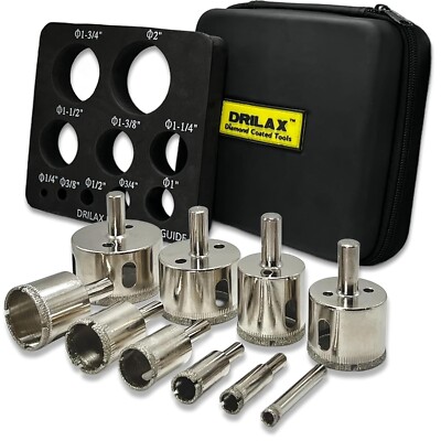 Drilax 10pc Diamond Drill Bit Hole Saw Kit w/Guide Glass Tile Granite 1/4'' to 2''