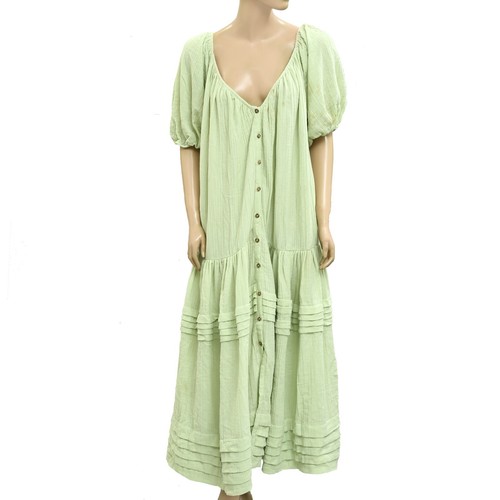 Free People Buttondown Short Sleeve Gauge Tiered Long Maxi Dress Cotton L 280438
