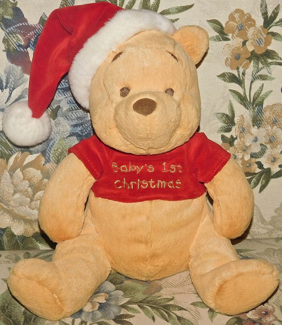 Disney Winnie Pooh Bear Rattle Baby's First Christmas plush Santa Hat Lovey 11