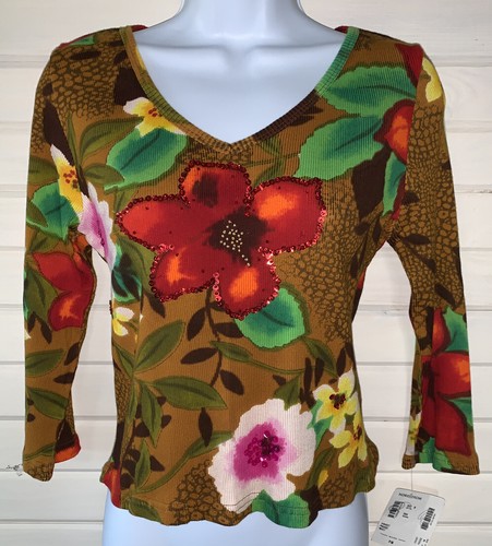 Top Chaudry KC taglia Petites MEDIUM PM nuovo con etichette floreale brillante paillettes perline cotone - Foto 3 di 10