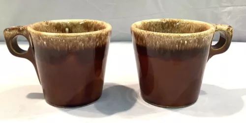 Vintage 2 Oven Proof Brown Drip Mugs Hull USA Vintage Coffee Cups Marked