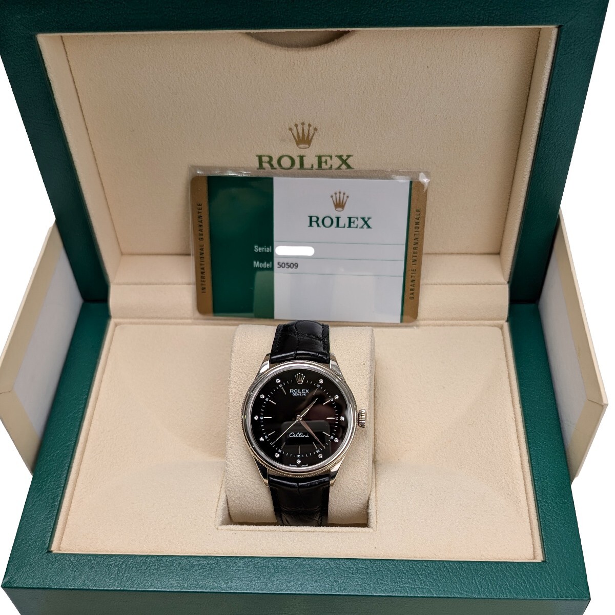 Rolex Cellini 50509 Black Diamond Dial Leather Strap Time 39mm