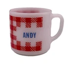 VTG “ANDY” Federal milk glass, red plaid, USA heatproof mug personalized. 9oz