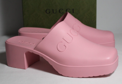 NWB Gucci Logo Rubber Clogs Mules Slip Ons Wild Rose Pink 37
