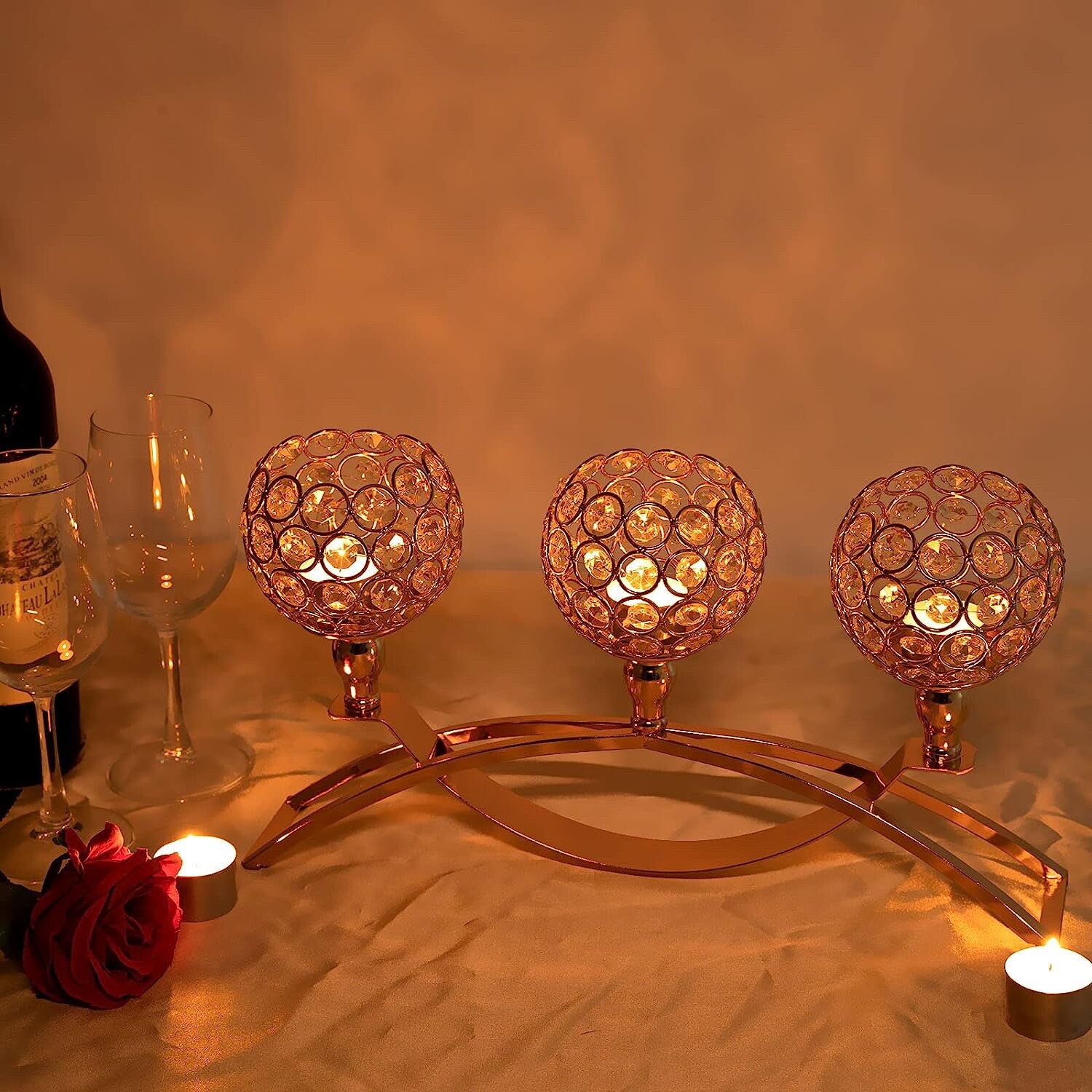 VINCIGANT Gold Crystal Candle Holders,3-Candle Candelabras