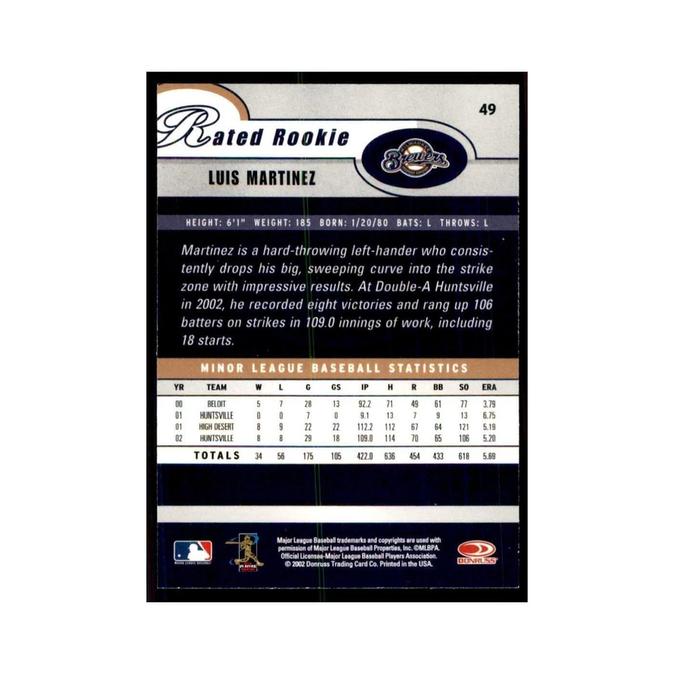 2003 Donruss Luis Martinez RC Brewers #49 - Image 2 of 3