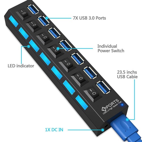 USB 3.0 Hub 7 Port Splitter Adapter mit aktivem Netzteil Verteiler PC Laptop NEU - Bild 6 von 12