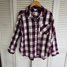 Women's Long Sleeve Button Up Shirt Burgundy Check Size XXL 20 Time and Tru