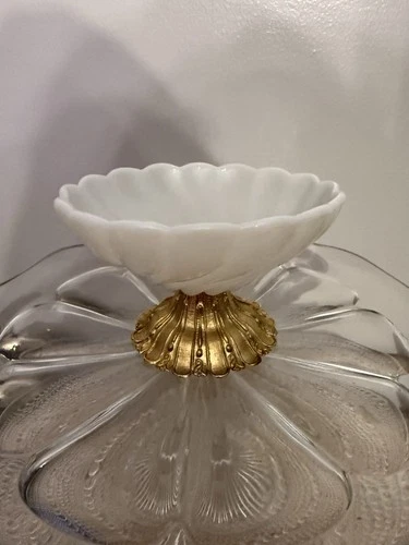 Vintage Milk Glass Pedestal Dish with Gold-Toned Metal Base
