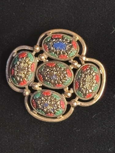 Vtg Sarah Coventry Molded Glass Brooch Light of The East Mosaic Look Gold Tone