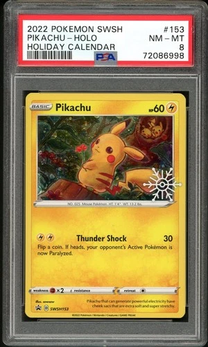 PSA 8 NM-MINT Pikachu SWSH153 Holiday Calendar Pokemon Card