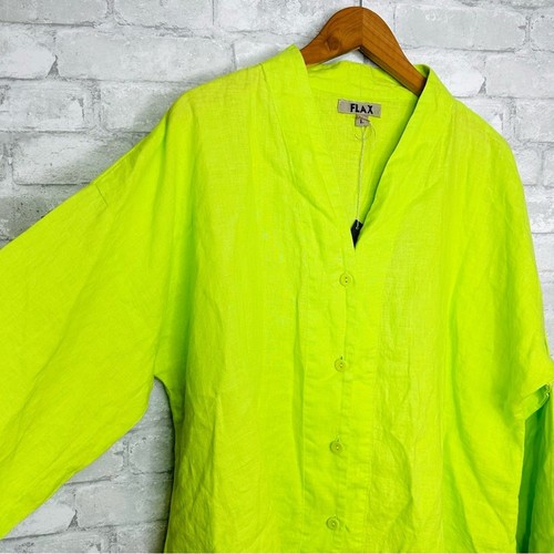 Flachs Leinen Hemd mit Knopfleiste Gr. Large V-Ausschnitt Chartreuse neongrün Lagenlook - Bild 2 von 13