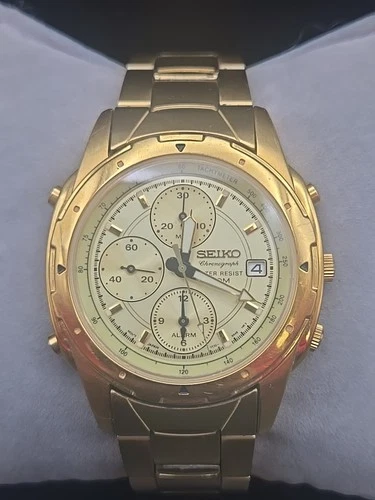 Vintage Seiko 1992 Alarm Chronograph 39mm Gold Date Dial Mens Watch 7T32-6M59