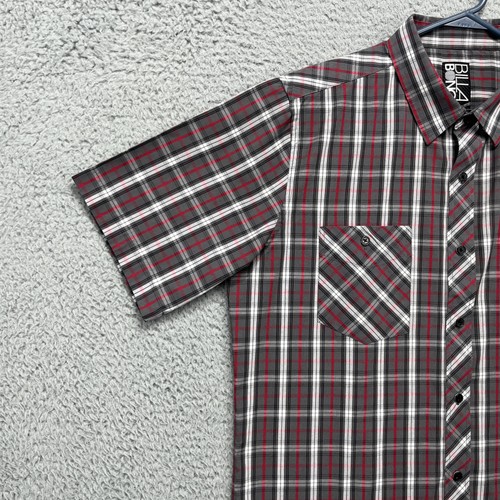 Billabong Shirt Mens Large Red Gray Plaid Short Sleeve Button Up Pockets Casual - Picture 3 of 13