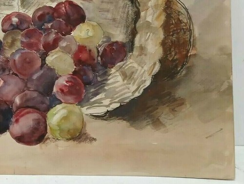 LISTED FRENCH MARCEL DELAHAYE ATELIER Sd WATERCOLOR STILL LIFR BASKET OF FRUIT - Picture 7 of 9
