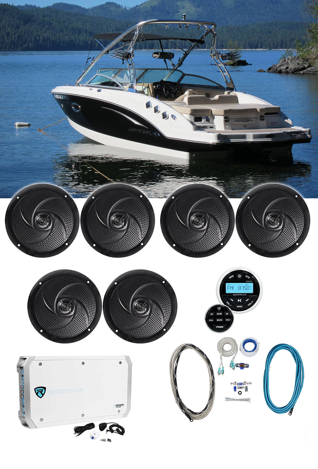 6 Акустические системы Rockville RSM65B 65 Slim для морских лодок 6-канальный усилитель Bluetooth-приемник