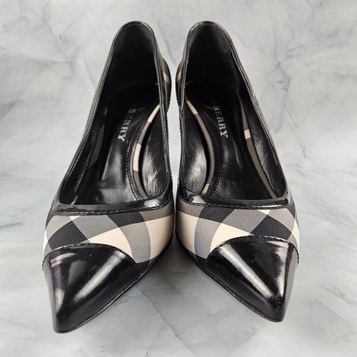 Burberry Nova Check Canvas/Black Patent Leather pump pointed heels size 39 US 8 - Picture 3 of 12