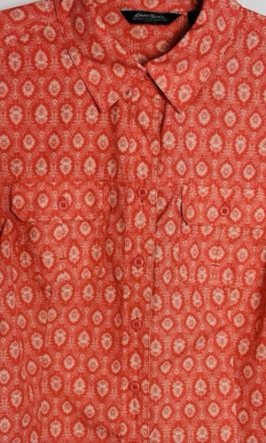 Eddie Bauer Womens Shirt Orange Button Up Roll Tab Long Sleeve Pockets Size XL!