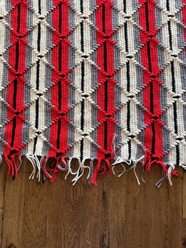 Vtg Handmade Afghan Throw Crochet Black Cream Gray Red Stripe Fringe Boho 57x46 - Picture 3 of 5
