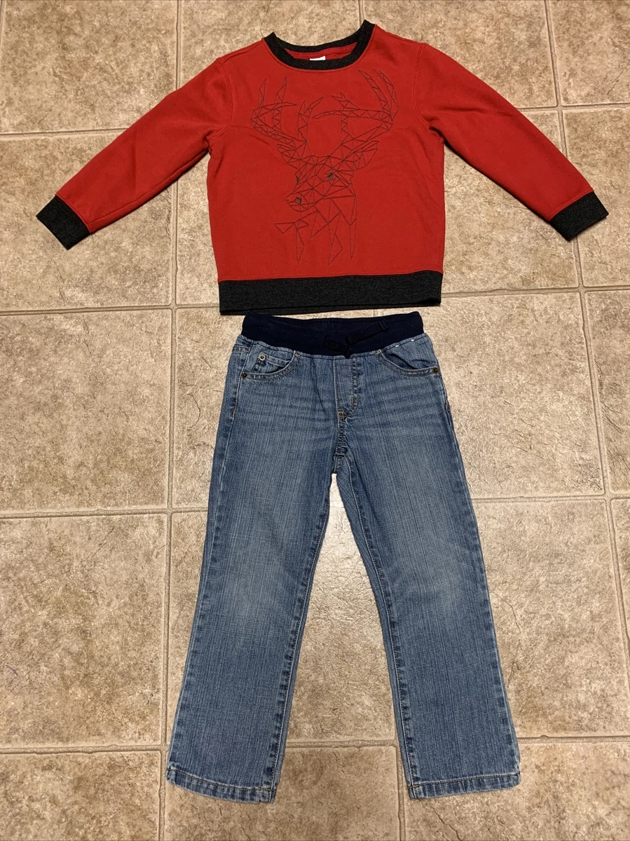 Gymboree Boy Outfit Size 5 Red Reindeer Sweatshirt Blue Pull-on Jeans