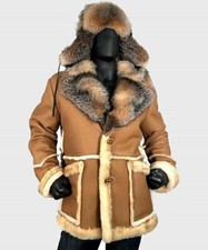 Men`s RAF Trench Coat Brown Real Sheepskin Shearling Leather Jacket