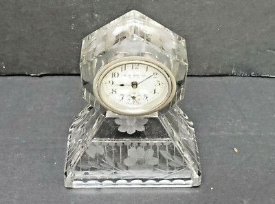 Cut Glass Desk Clock Wheel Cut Floral Antique Early 1900s