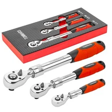 Extendable Ratchet Wrench Set 1/4" 3/8" 1/2" Drive 72-Tooth Quick-release Ret...