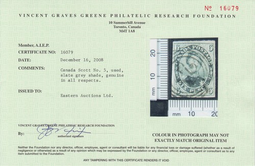 Canada Sc 5 used. 1855 6p slate gray Prince Albert, "21" cancel, Greene Cert. - Picture 3 of 3