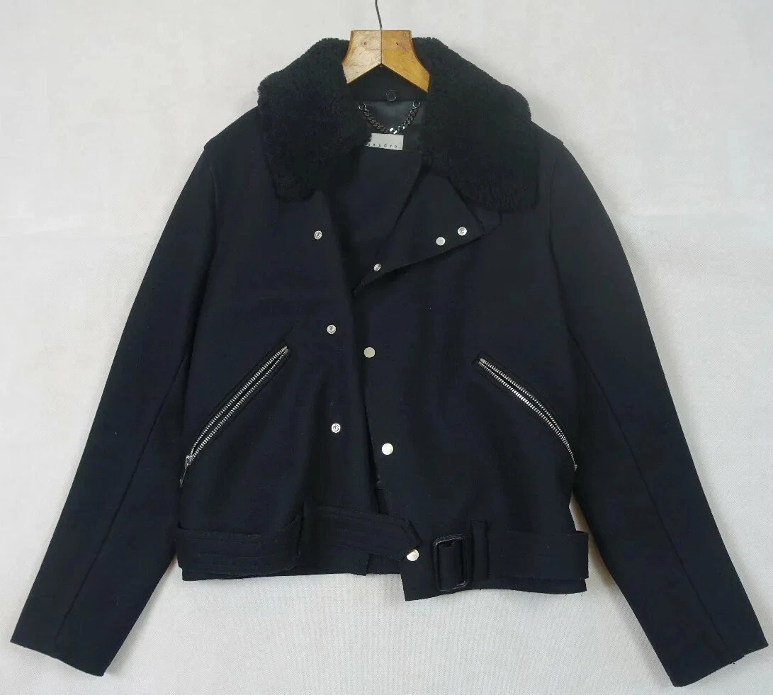 Sandro L Black Shearling Aviator Jacket Sheepskin Collar Acne Mr