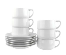 PMR Bavaria Jaeger Solid White Porcelain Flat Soup Cups and Saucers Set of 6