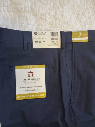 J.M. Haggar Mens Pants 42x30 Dark Navy Sharkskin Classic Fit Flat Front NWT - Picture 2 of 5