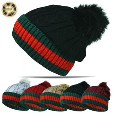 Unisex Winter Beanie Hat Knitted Pom-pom Fur lined Thermal Striped Snow Ski Cap