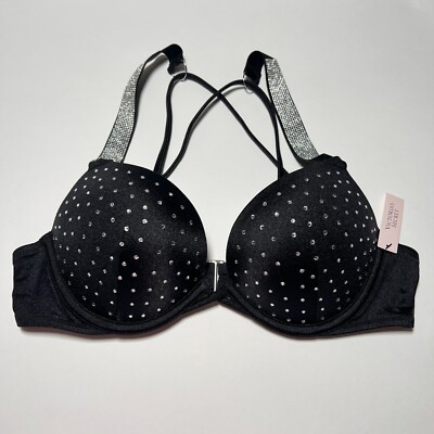 Victoria Secret 38C Bombshell Push Up Bikini Top Glam Cups Shine Strap Black