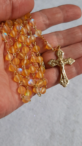 La Petit Moon Glow Yellow Crystal Rosary in Gold with Primrose Trinket Box - Video 1 of 1
