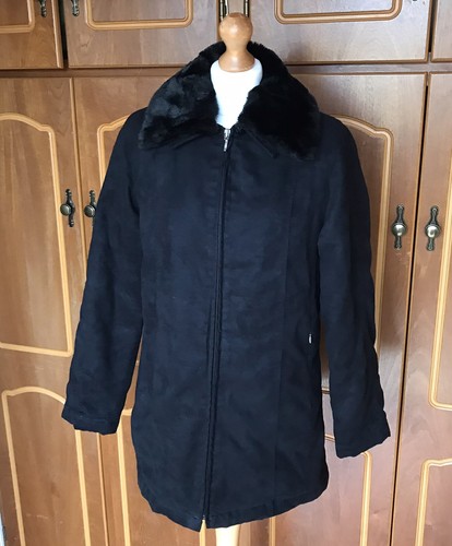 Black Coat Size 10 Detachable Furry Collar Classic Jacket Smart Casual Zip - Picture 8 of 12