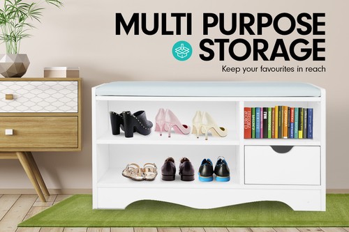 New Shoe Cabinet Rack Storage Organiser Shelf Stool Bench Wood Ottoman - Grey - Picture 7 of 9