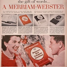 1960 Merriam Webster Dictionary PRINT AD Gift of Words Man Woman Smiling Color