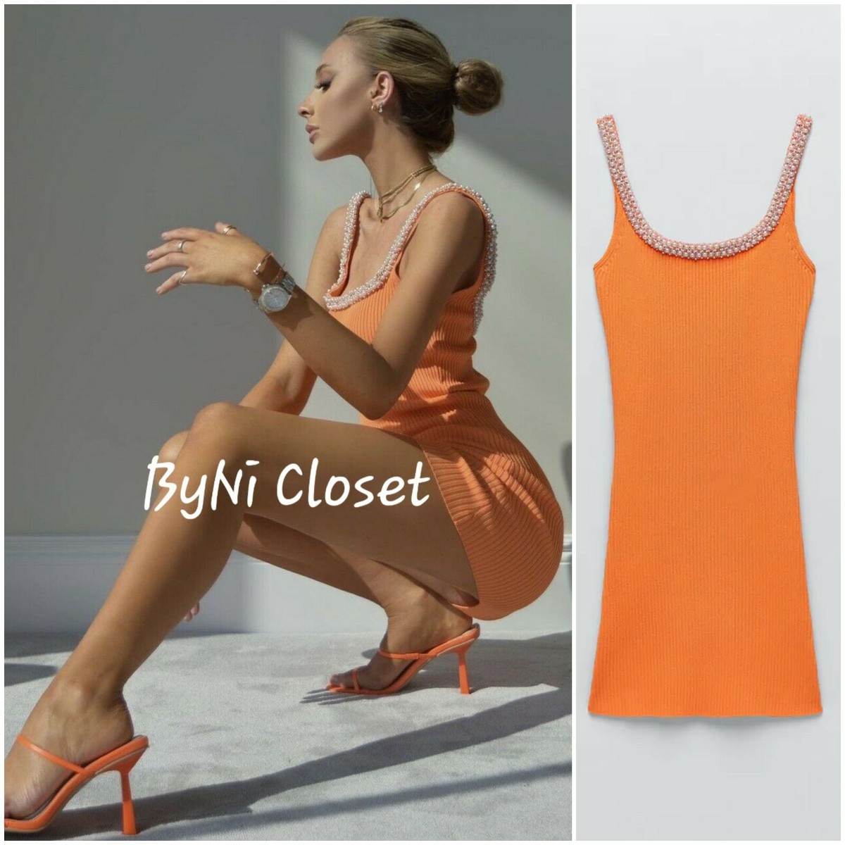 ZARA ORANGE KNIT MINI DRESS WITH FAUX PEARLS 2142/086