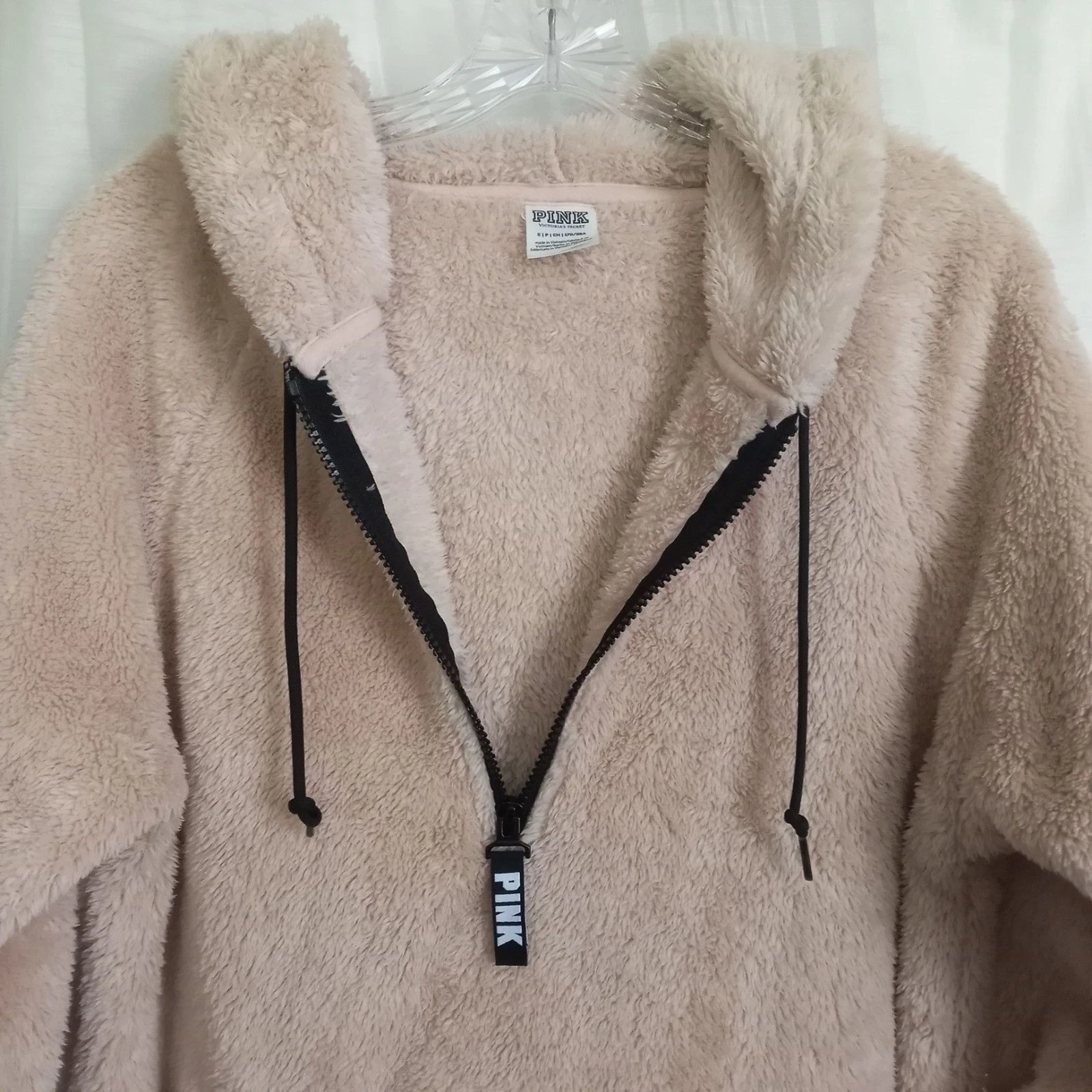 UNDERCOVER Victoria's Secret ROSA Teddy Pullover Felpa con Cappuccio Accogliente Sherpa Tan Nero 1 2 Zip VS S