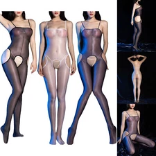 Womens Glossy Sheer Bodysuit Full Body Jumpsuit Sexy Teddy Lingerie Bodystocking