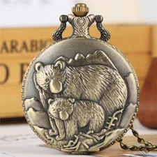 Polar Bear Figure Quartz Pocket Watch Bear Baby Necklace Chain Gift Bronze Style