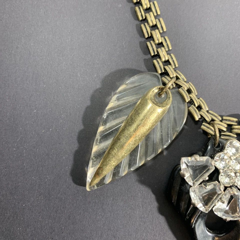 "Collar estilo Art Deco tono dorado para mujer transparente negro hoja de lucita estrás 19""" Foto 3 de 4