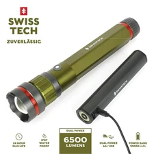Swiss Tech LED Flashlight, 6500 Lumen, Rechargeable, Dual Power AA USB