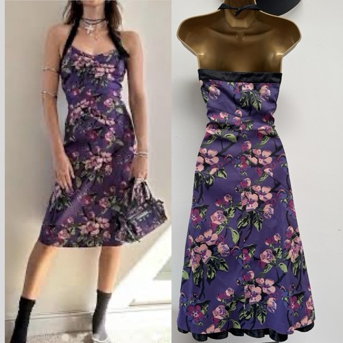 Abito Karen Millen Uk12 EU40 US8 viola floreale raso anni 40 vintage collo alto - Foto 15 di 17