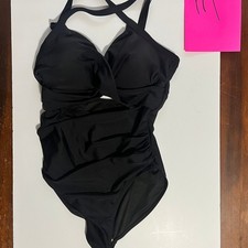 Black One-Piece Halter Swimsuit with Ruched Sides, Tummy Control