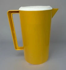 Vintage 1970s Retro Yellow Mustard Plastic Pitcher With White Slotted Strain Lid