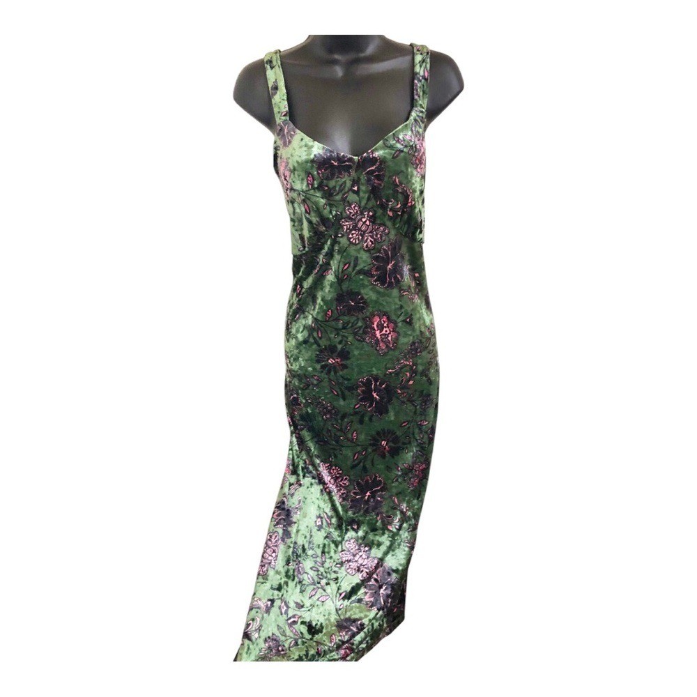 Jessica Simpson forest green & pink roses floral velvet dress size large new