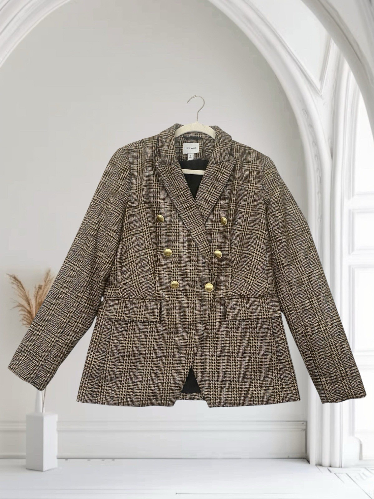 Nine West Women’s Metallic Houndstooth Blazer Size Small Double Breasted