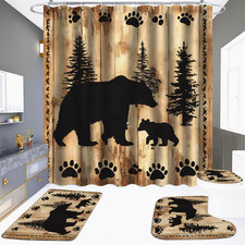 Rustic Bear Shower Curtain Set 4 Pieces, Nursery Black Bear Cabin Bathroom Set w